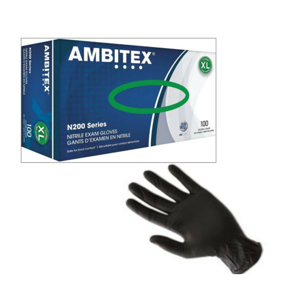 Ambitex N200BLK Series Powder Free Black Nitrile Gloves, Extra Large, 100/Box