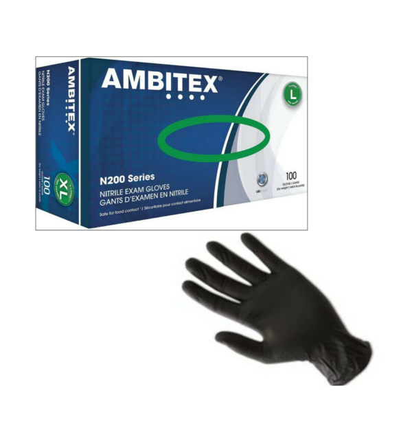 Ambitex N200BLK Series Powder Free Black Nitrile Gloves, Large, 100/Box